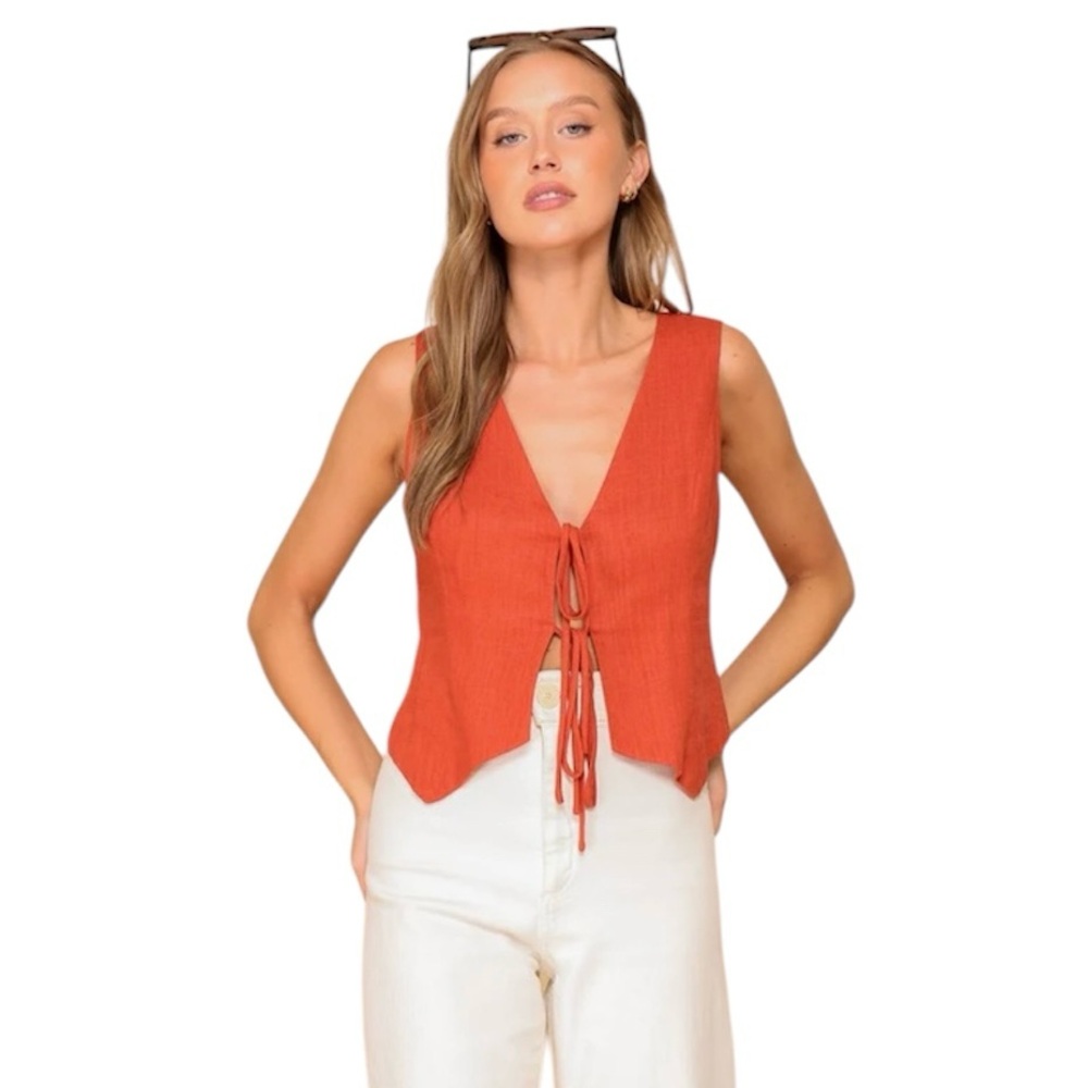 Lumiere Fitted Orange Red Tie-Front Tank Top